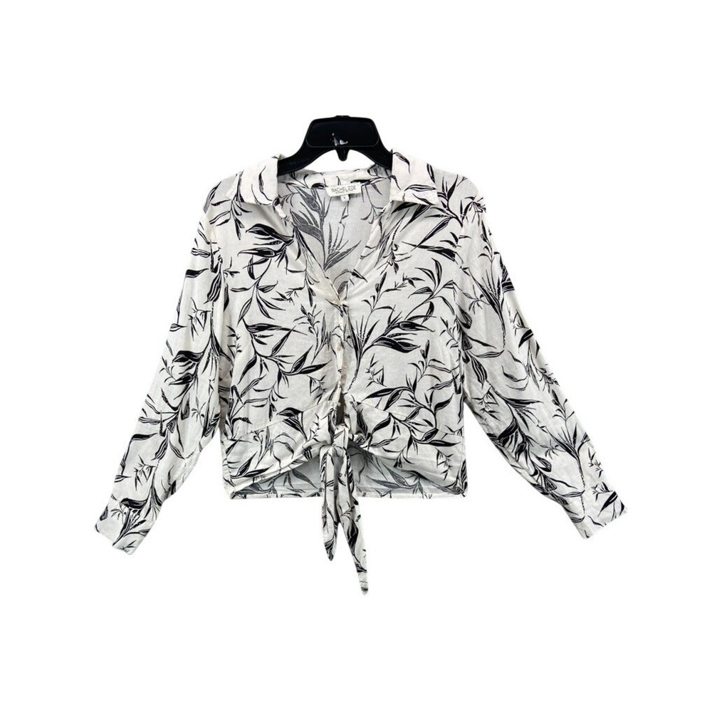 Rachel Zoe Shirt Sz L Tie Button Front White Black Linen Blend Floral Tropical